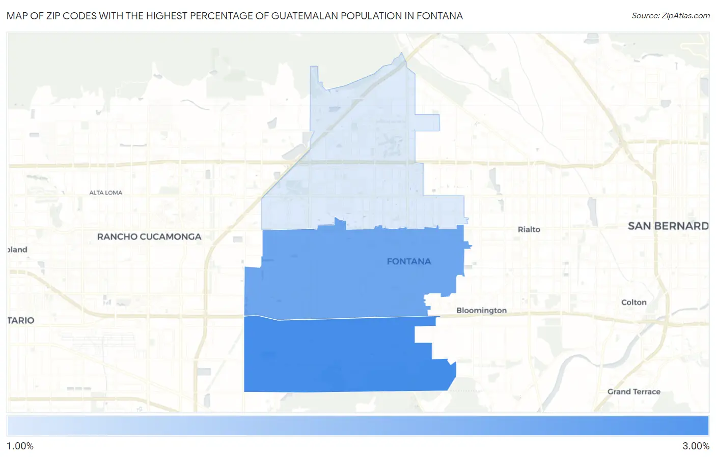 Zip Codes with the Highest Percentage of Guatemalan Population in Fontana Map