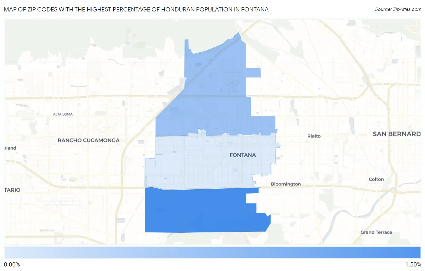 Zip Codes with the Highest Percentage of Honduran Population in Fontana Map