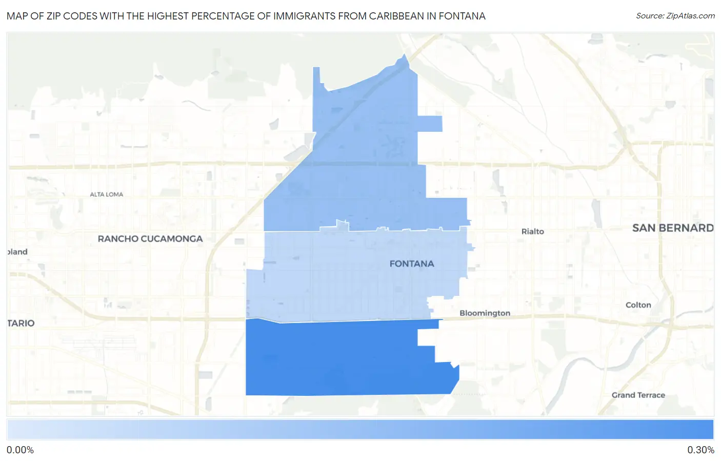Zip Codes with the Highest Percentage of Immigrants from Caribbean in Fontana Map