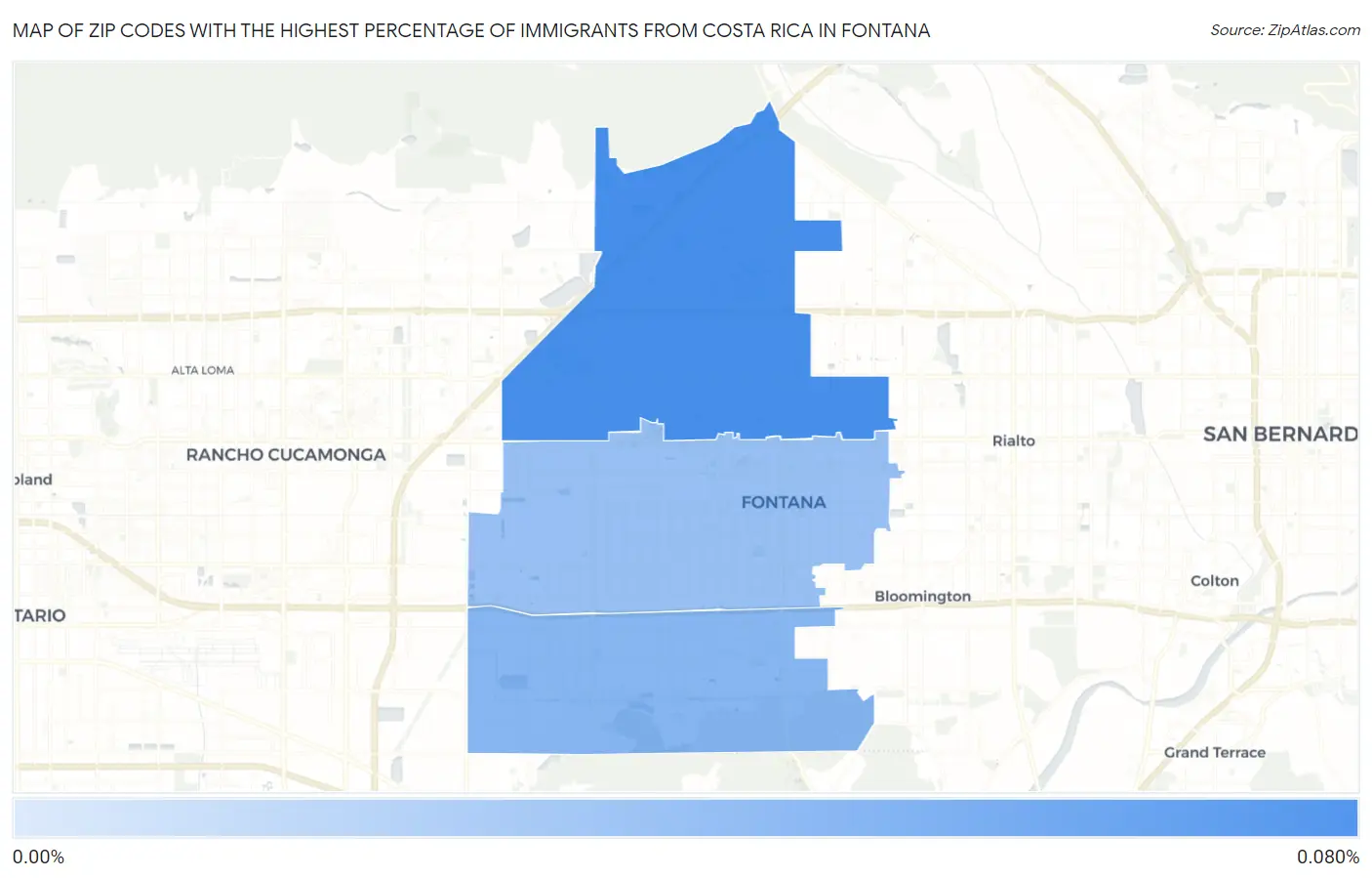 Zip Codes with the Highest Percentage of Immigrants from Costa Rica in Fontana Map