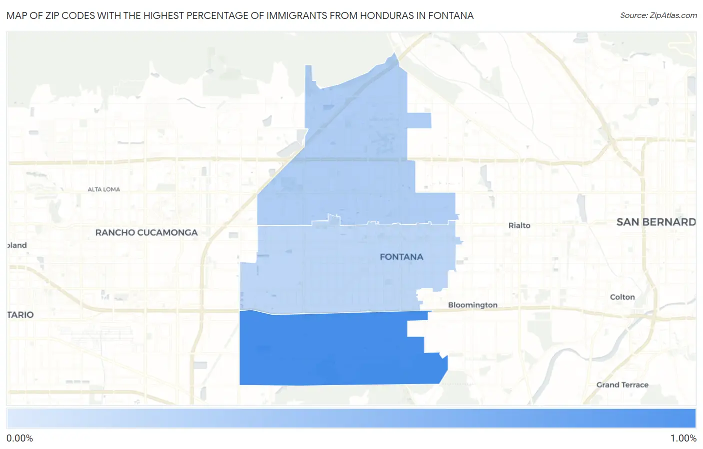 Zip Codes with the Highest Percentage of Immigrants from Honduras in Fontana Map