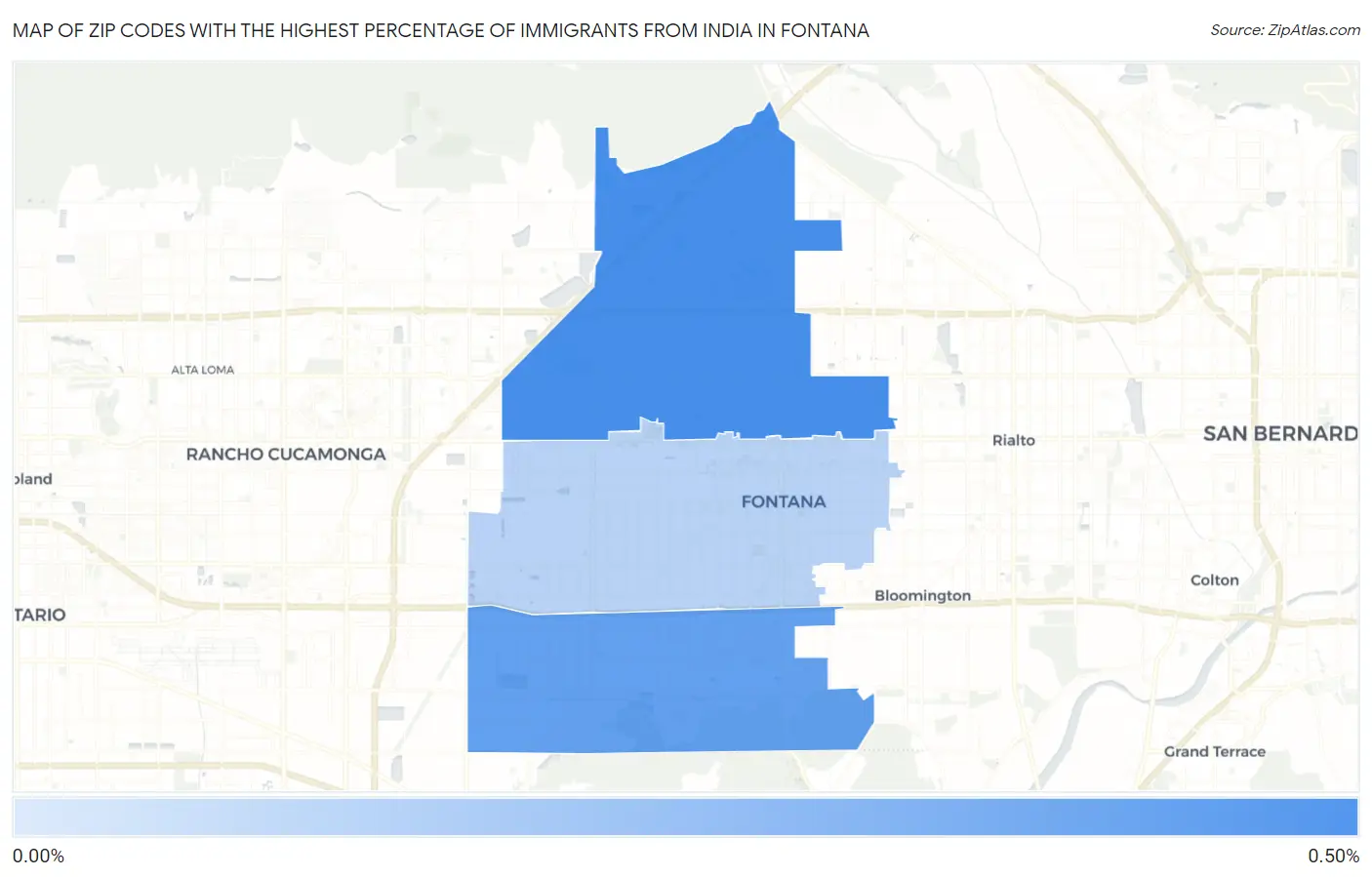 Zip Codes with the Highest Percentage of Immigrants from India in Fontana Map