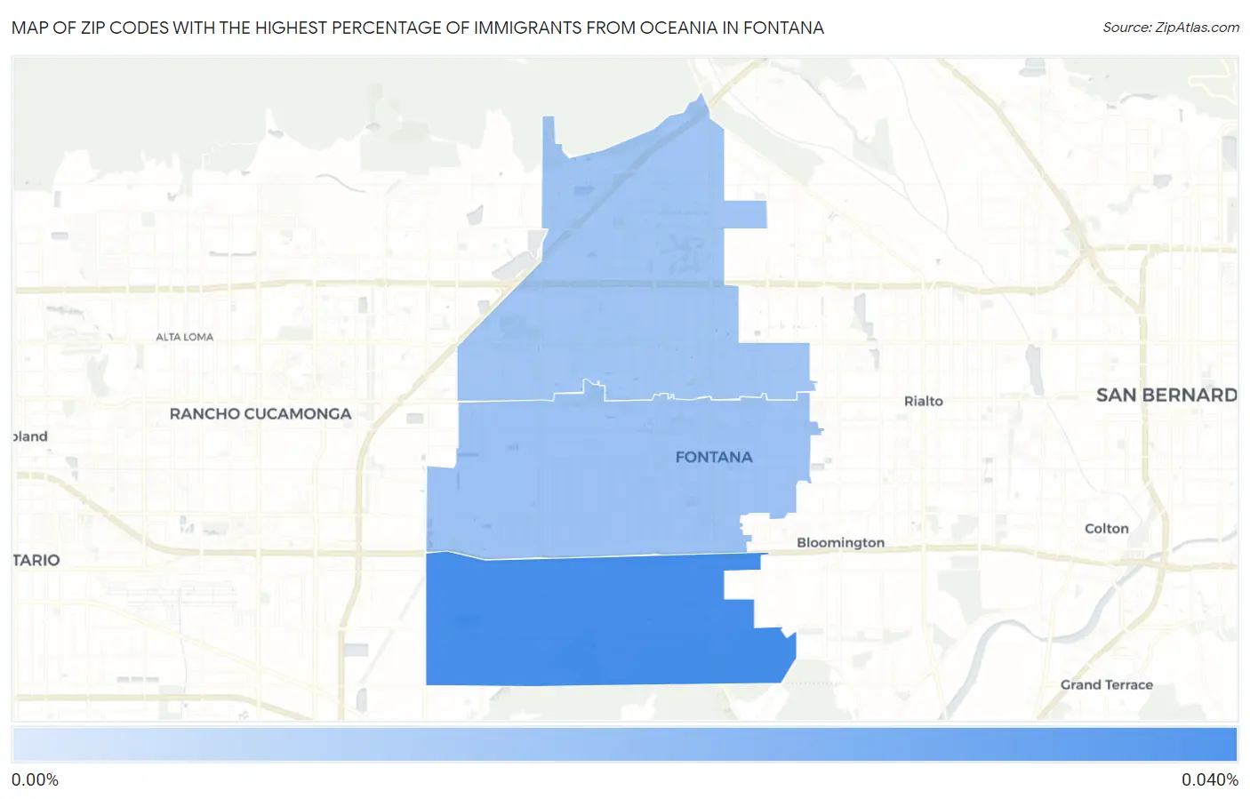 Zip Codes with the Highest Percentage of Immigrants from Oceania in Fontana Map