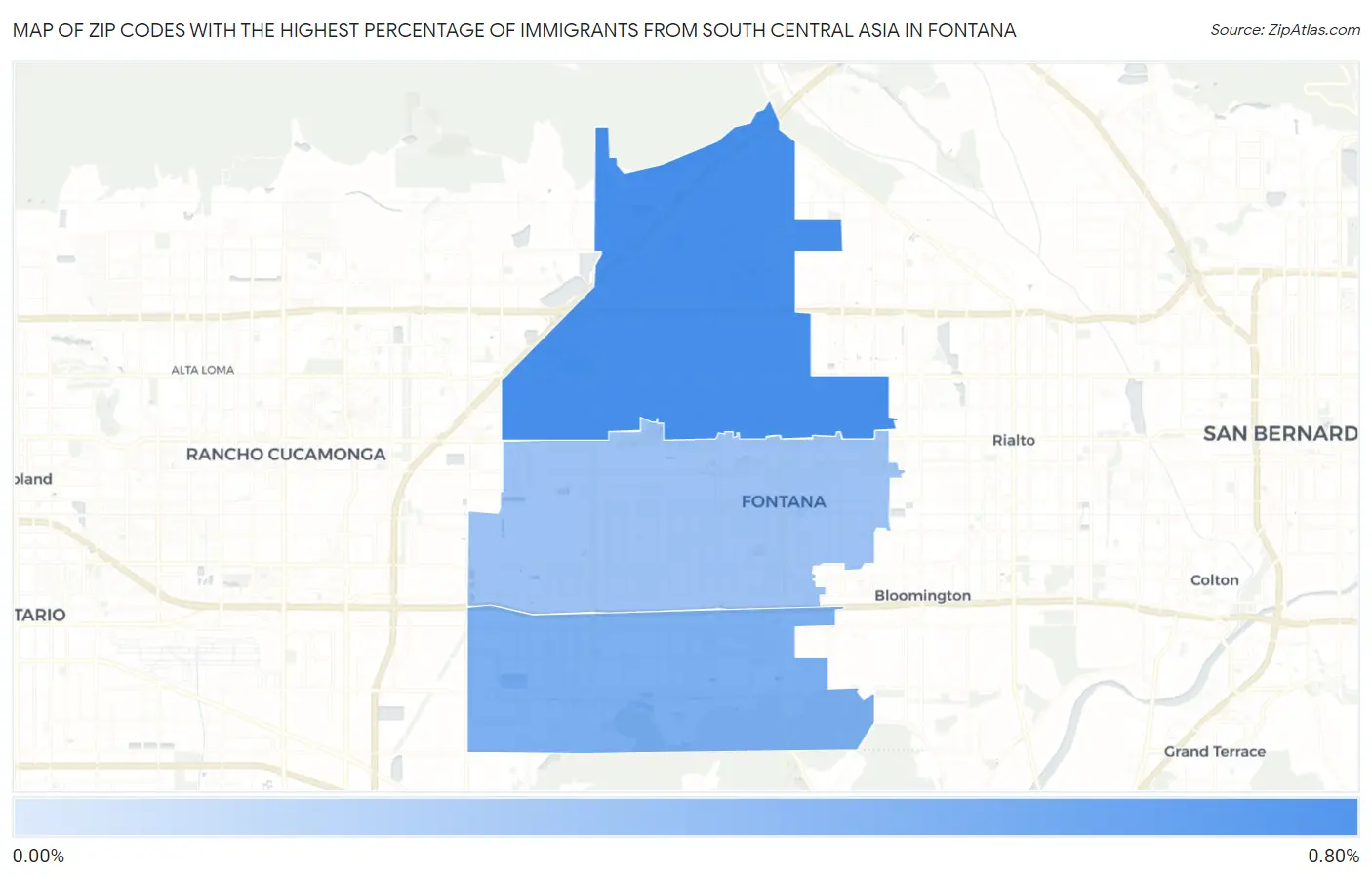 Zip Codes with the Highest Percentage of Immigrants from South Central Asia in Fontana Map
