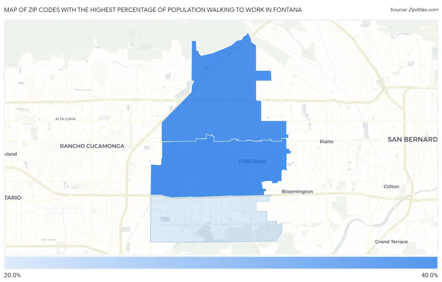 Zip Codes with the Highest Percentage of Population Walking to Work in Fontana Map