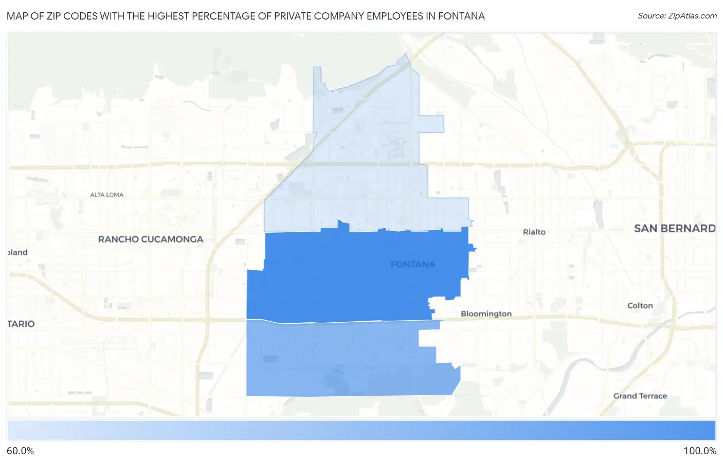 Zip Codes with the Highest Percentage of Private Company Employees in Fontana Map