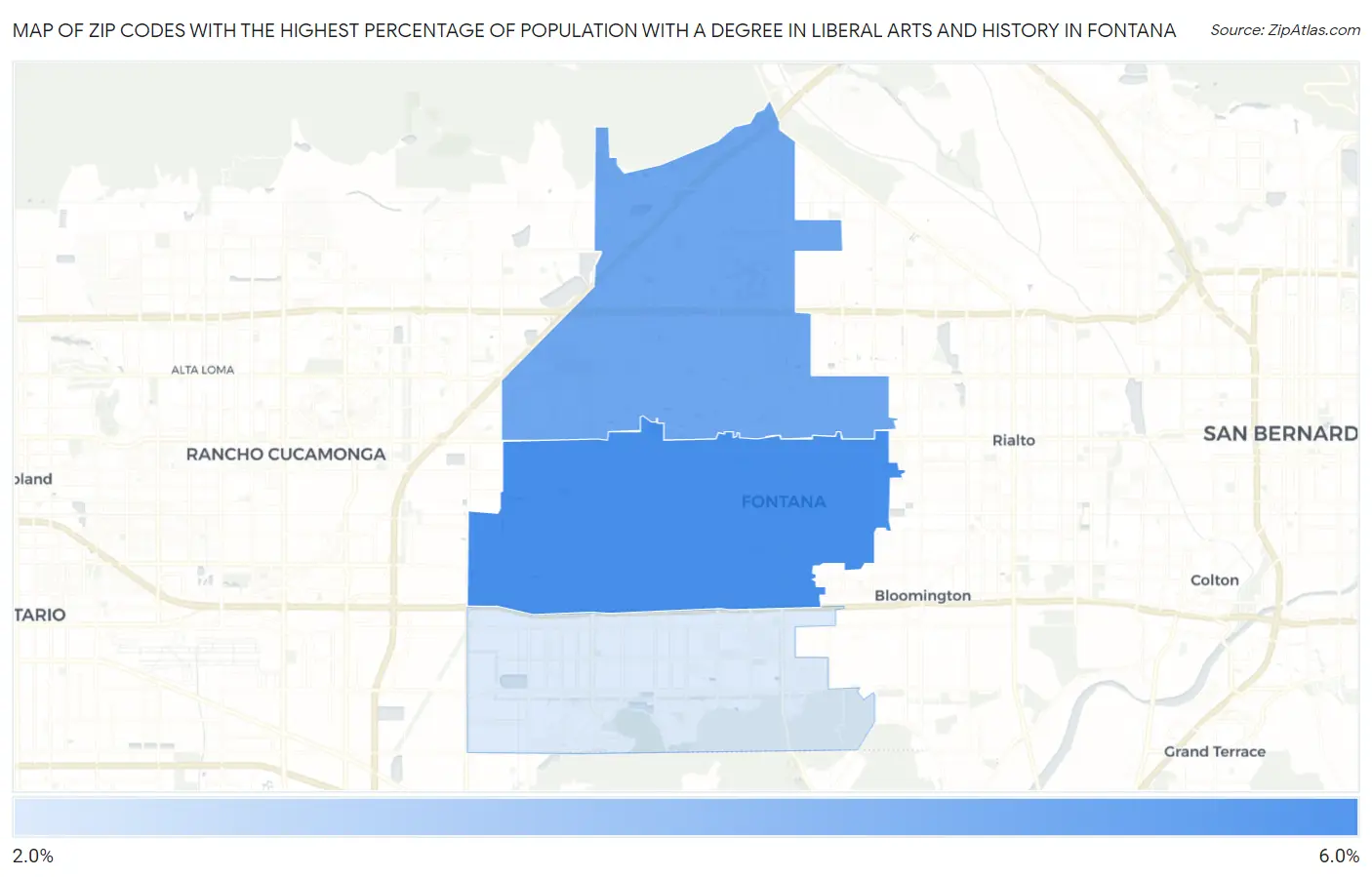 Zip Codes with the Highest Percentage of Population with a Degree in Liberal Arts and History in Fontana Map