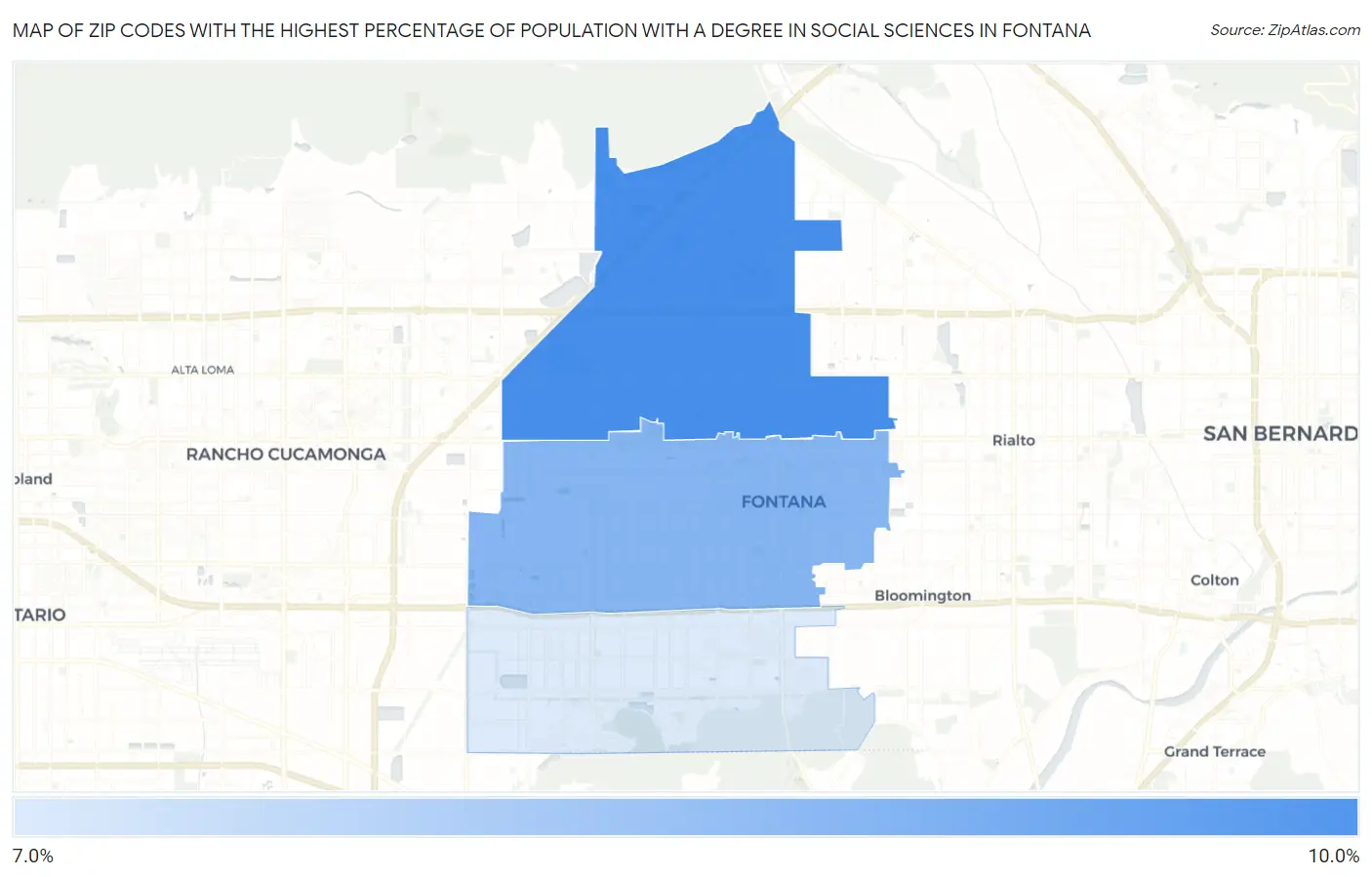 Zip Codes with the Highest Percentage of Population with a Degree in Social Sciences in Fontana Map