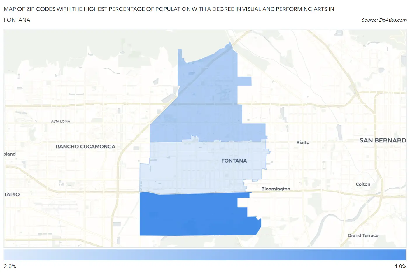 Zip Codes with the Highest Percentage of Population with a Degree in Visual and Performing Arts in Fontana Map