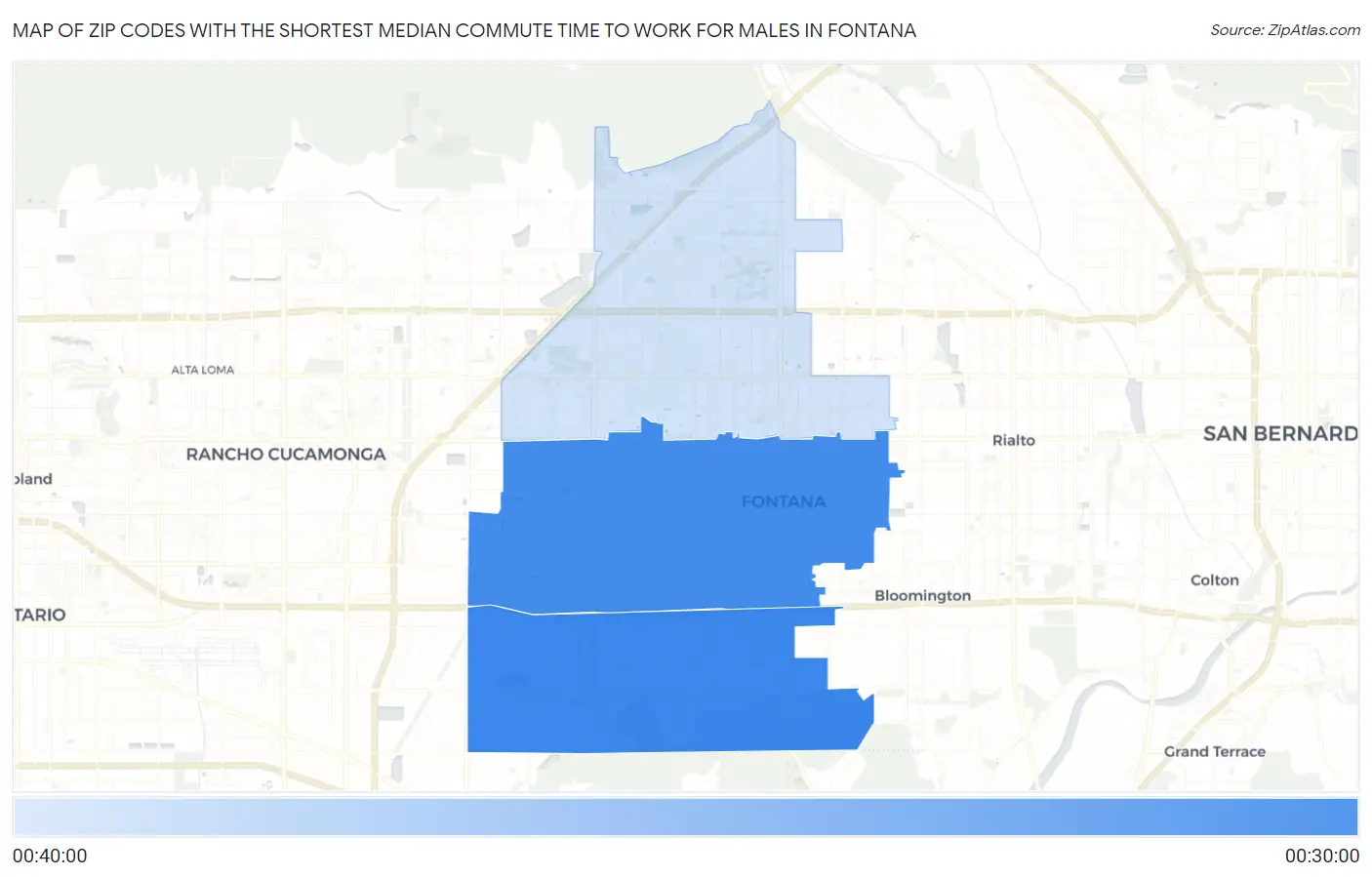Zip Codes with the Shortest Median Commute Time to Work for Males in Fontana Map