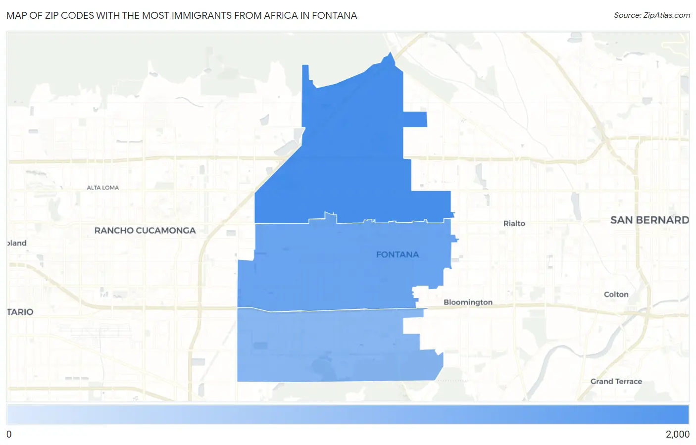 Zip Codes with the Most Immigrants from Africa in Fontana Map
