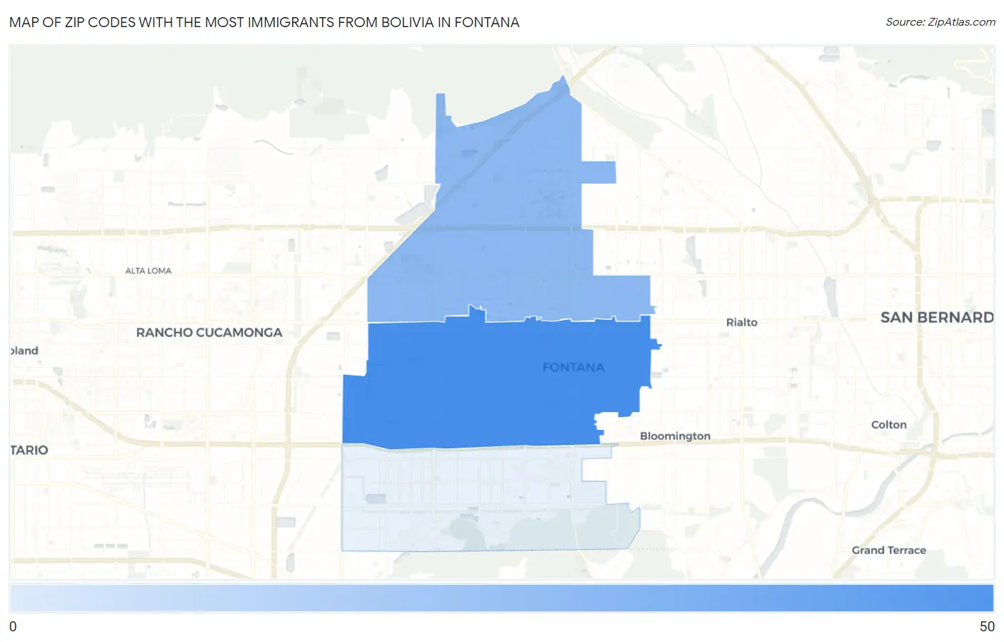 Zip Codes with the Most Immigrants from Bolivia in Fontana Map