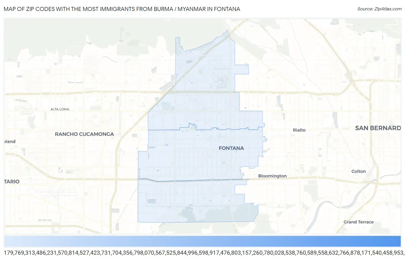 Zip Codes with the Most Immigrants from Burma / Myanmar in Fontana Map