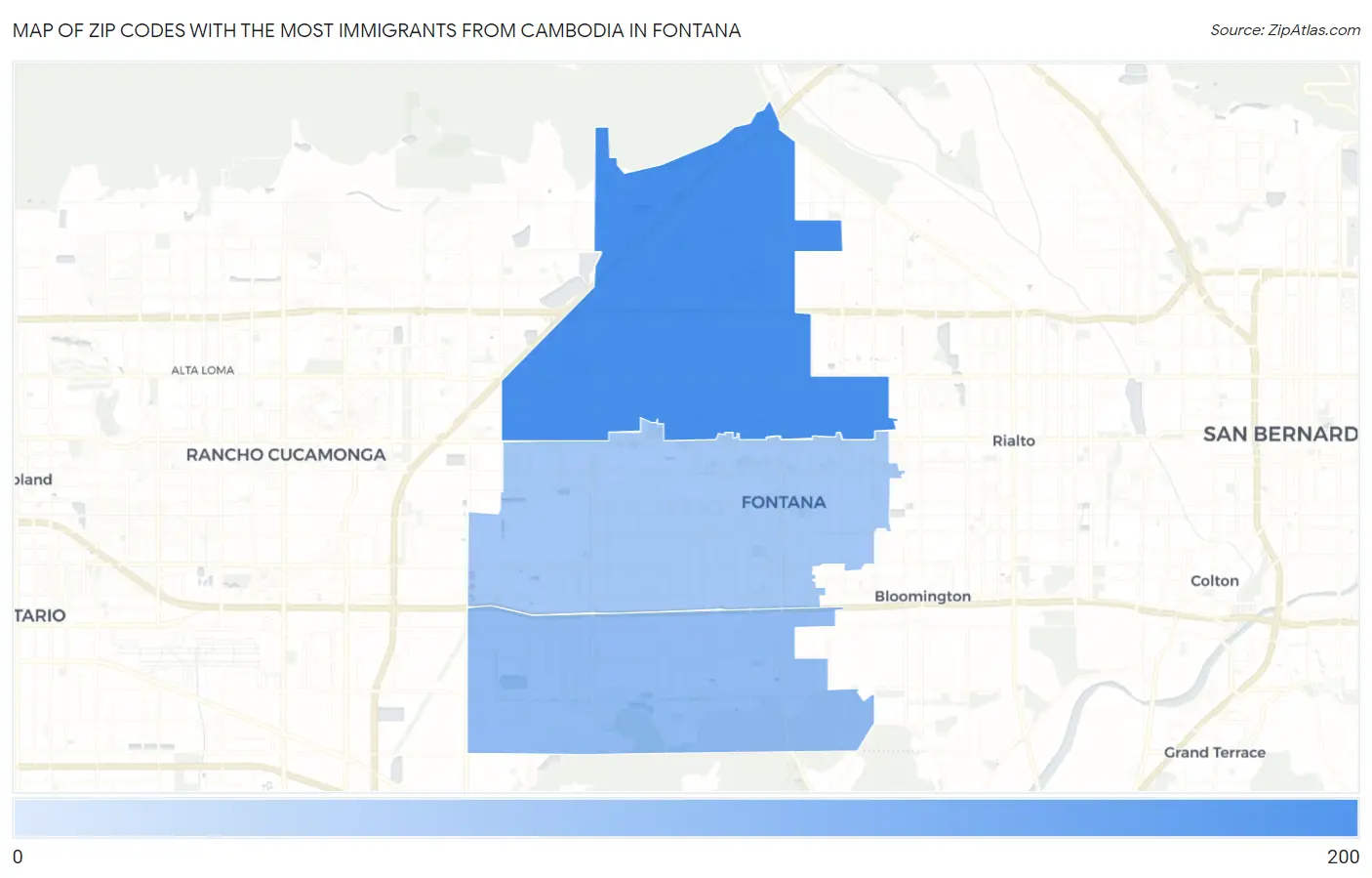 Zip Codes with the Most Immigrants from Cambodia in Fontana Map