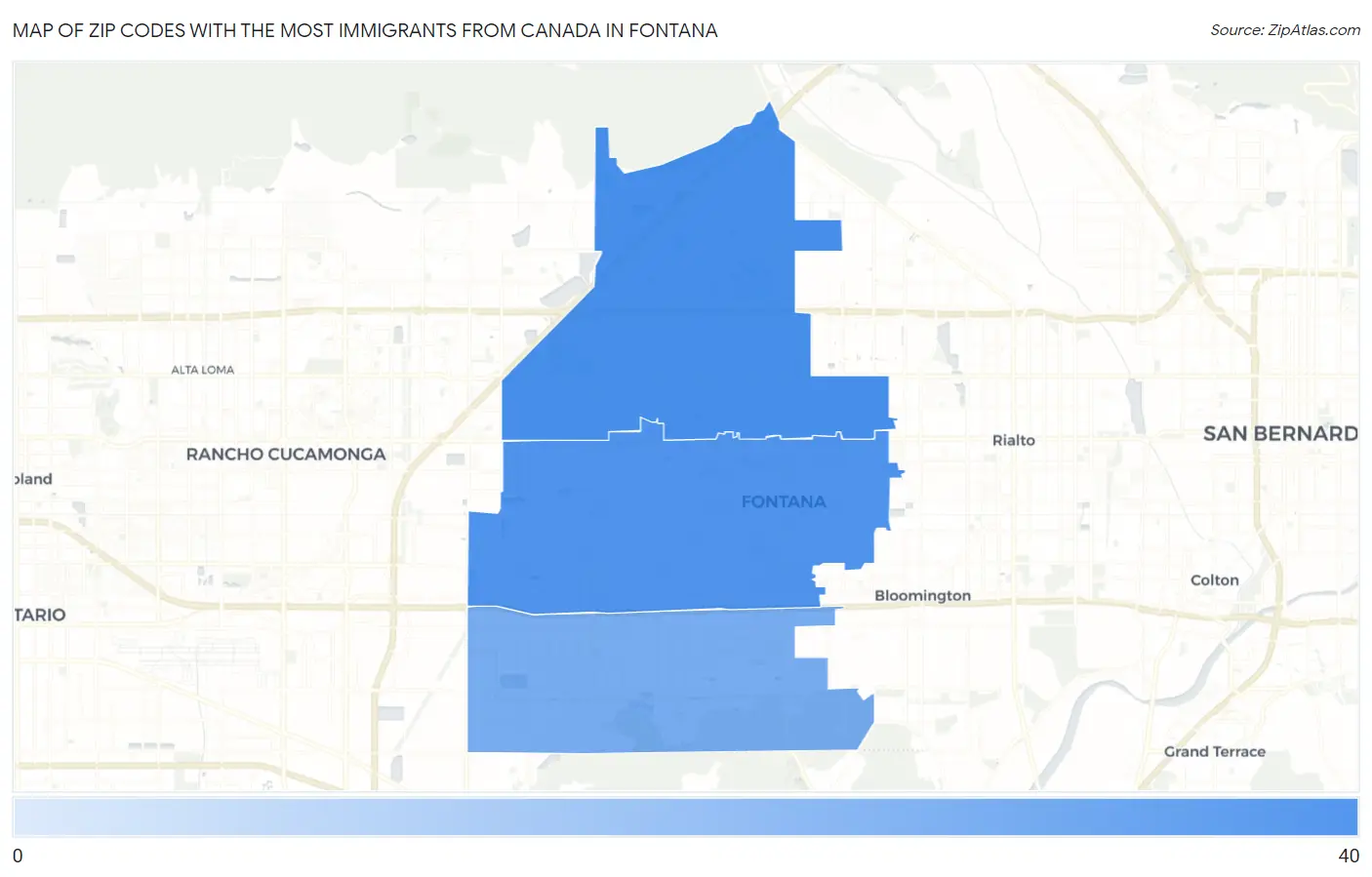 Zip Codes with the Most Immigrants from Canada in Fontana Map