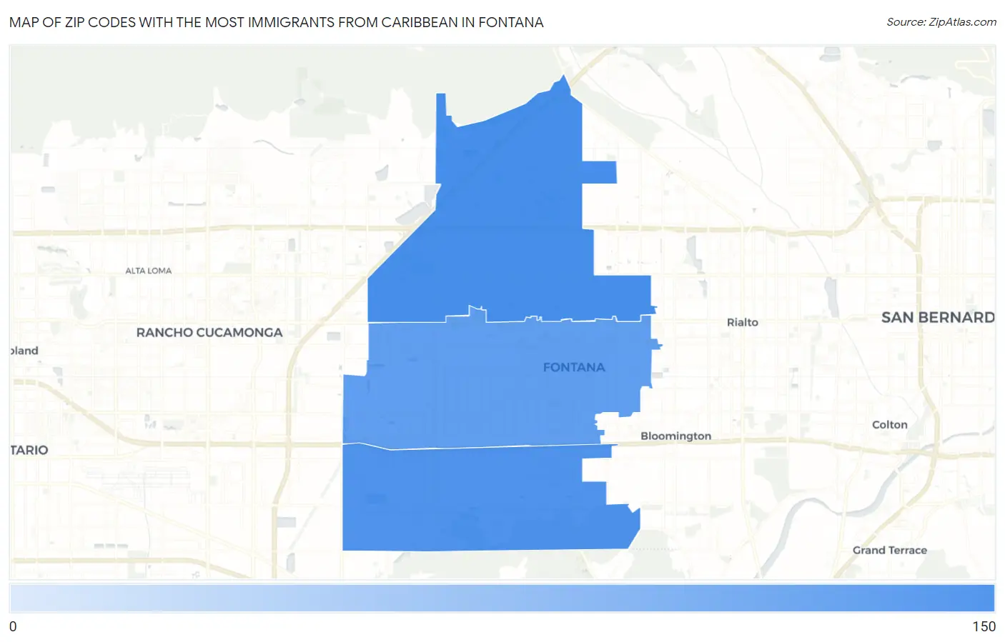 Zip Codes with the Most Immigrants from Caribbean in Fontana Map