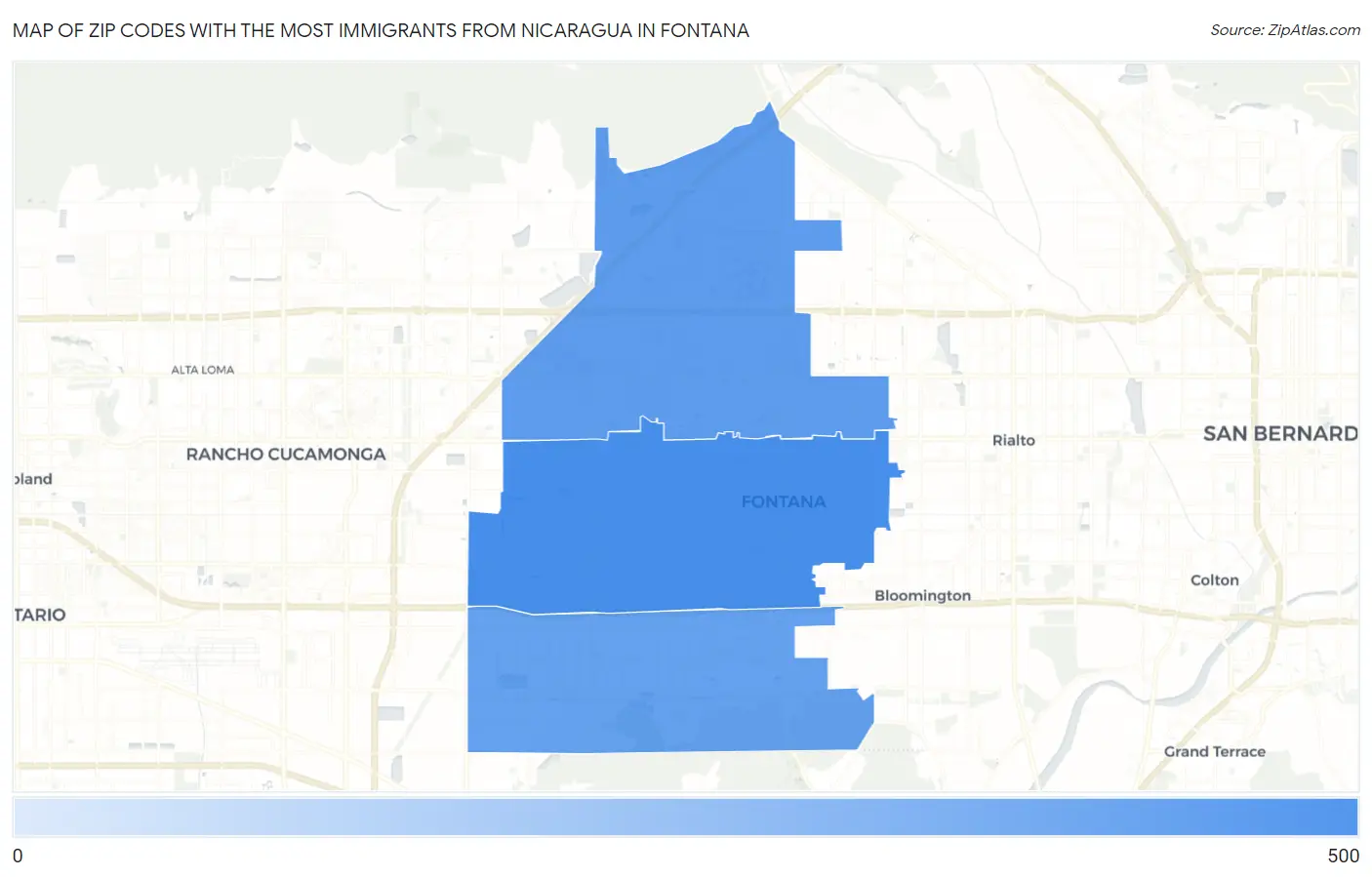 Zip Codes with the Most Immigrants from Nicaragua in Fontana Map