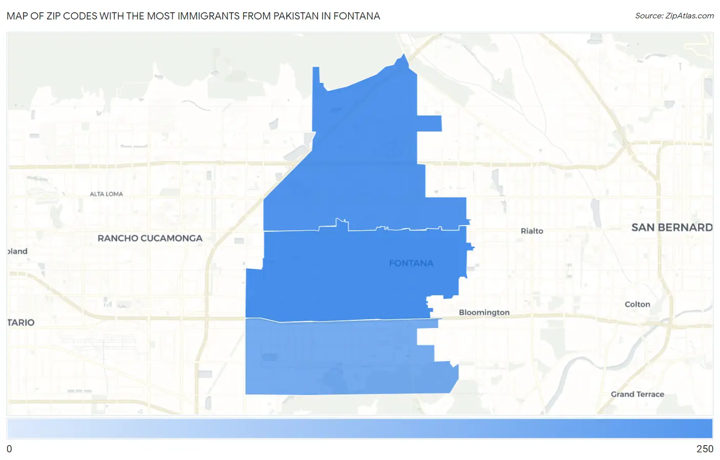 Zip Codes with the Most Immigrants from Pakistan in Fontana Map
