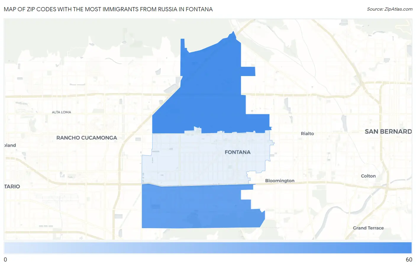 Zip Codes with the Most Immigrants from Russia in Fontana Map