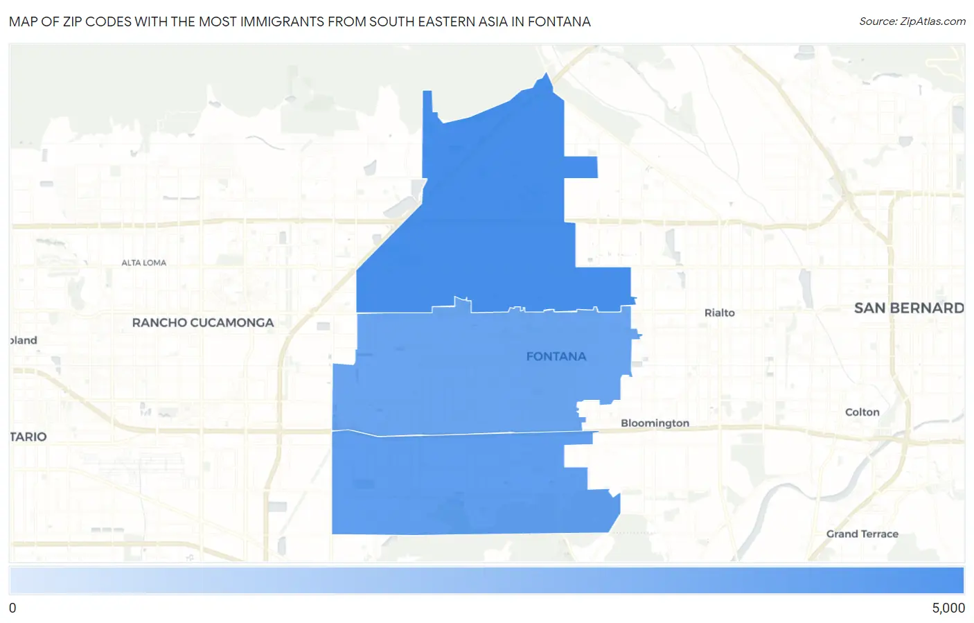 Zip Codes with the Most Immigrants from South Eastern Asia in Fontana Map