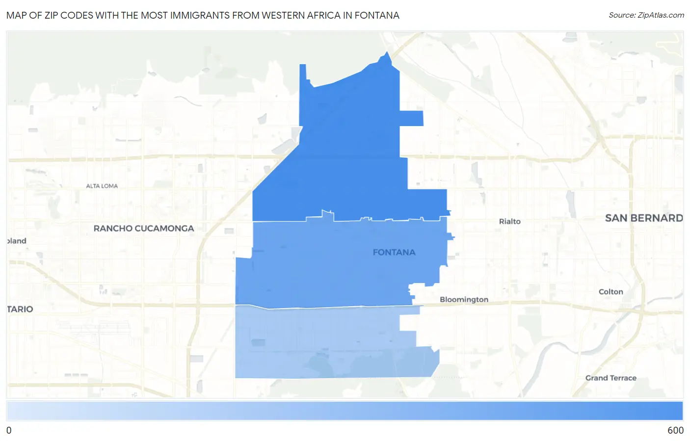 Zip Codes with the Most Immigrants from Western Africa in Fontana Map
