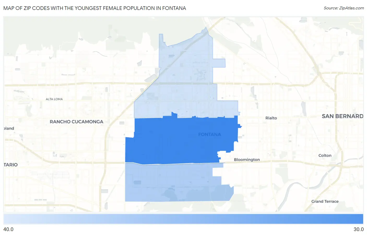 Zip Codes with the Youngest Female Population in Fontana Map