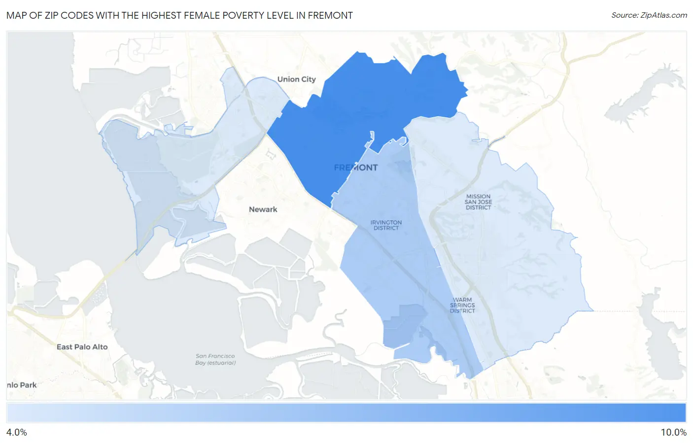 Zip Codes with the Highest Female Poverty Level in Fremont Map