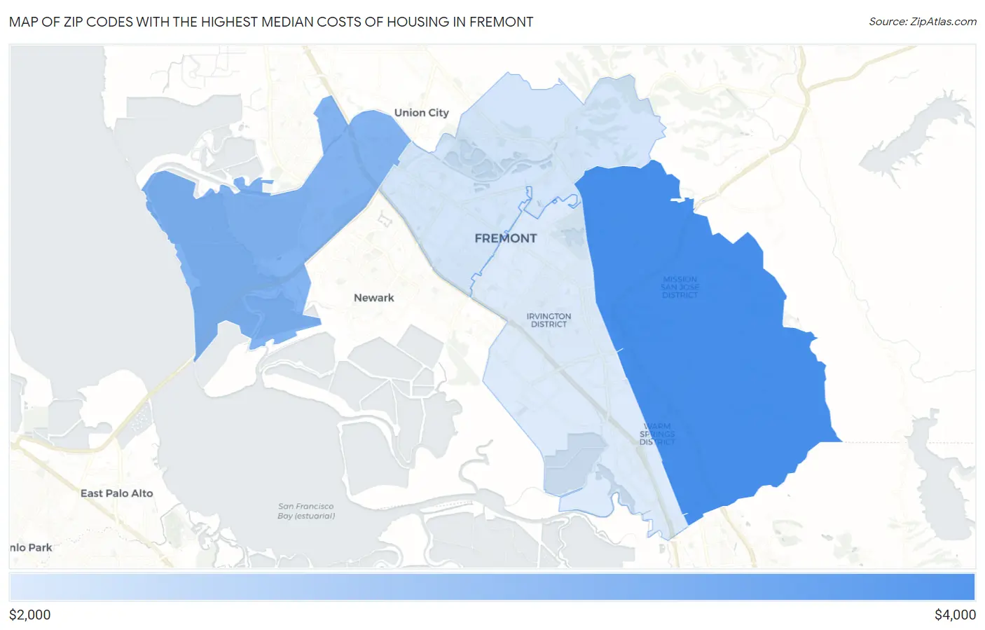Zip Codes with the Highest Median Costs of Housing in Fremont Map