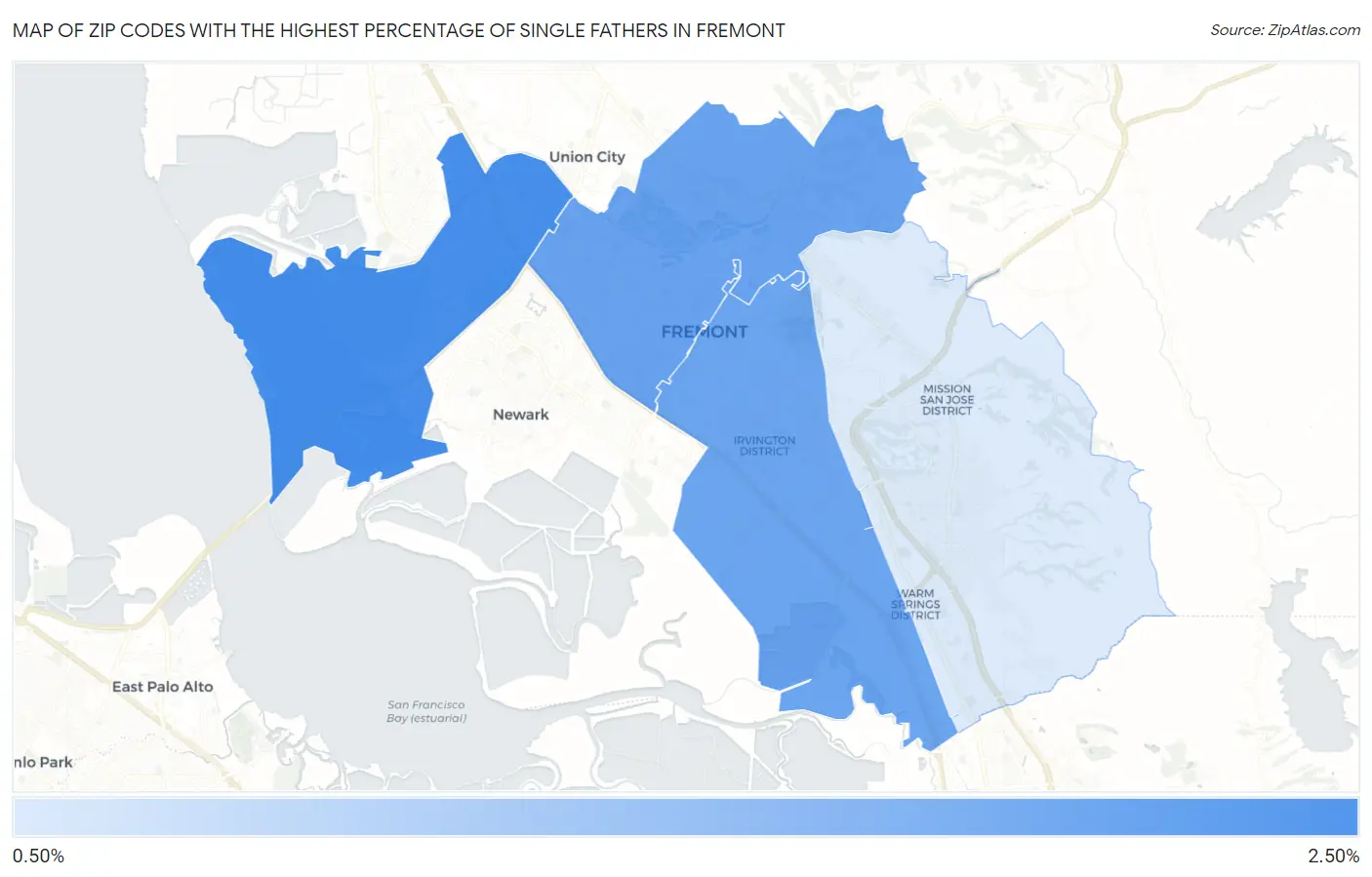Zip Codes with the Highest Percentage of Single Fathers in Fremont Map