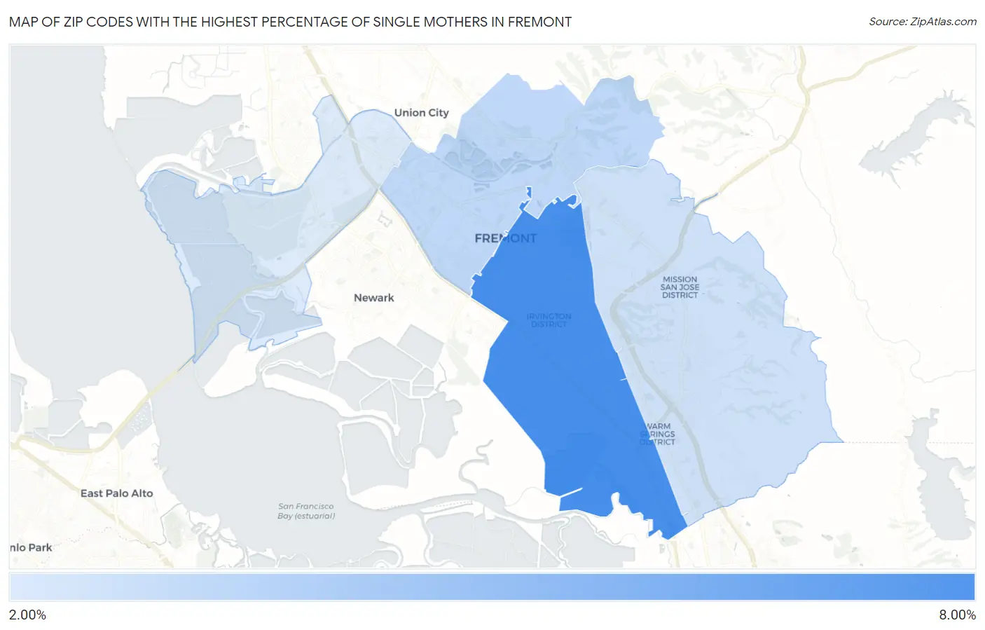 Zip Codes with the Highest Percentage of Single Mothers in Fremont Map