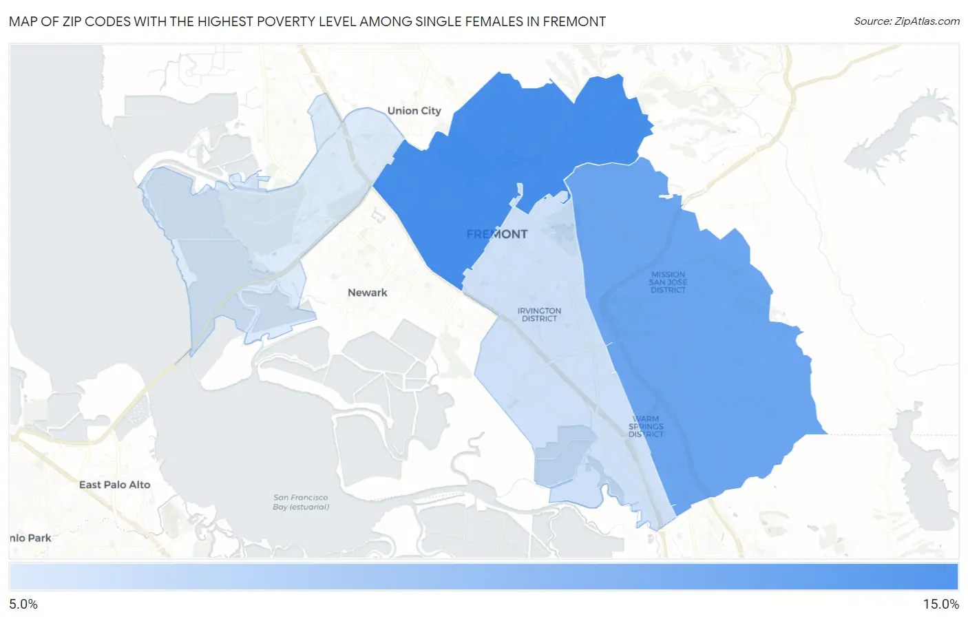 Zip Codes with the Highest Poverty Level Among Single Females in Fremont Map