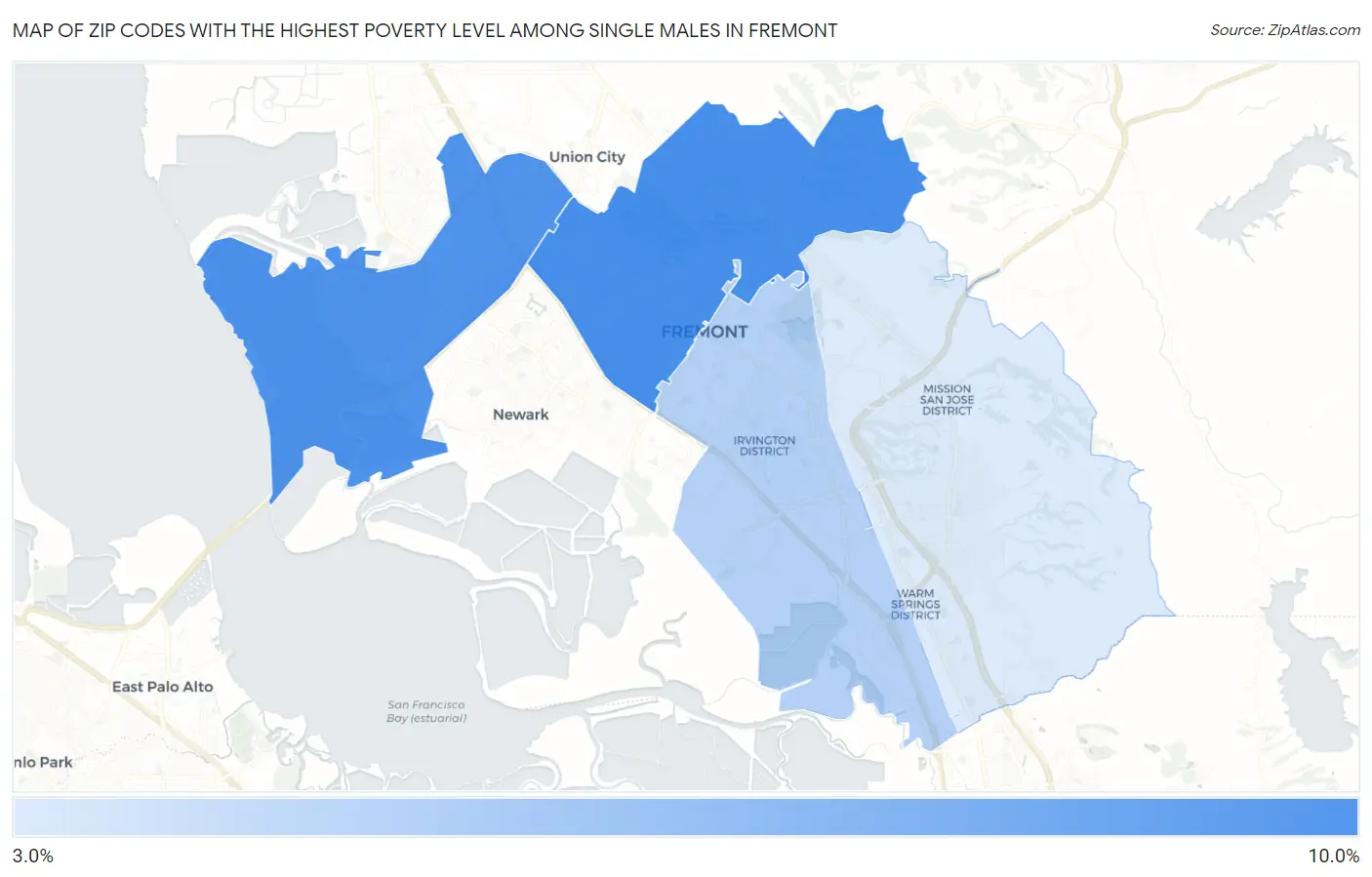 Zip Codes with the Highest Poverty Level Among Single Males in Fremont Map