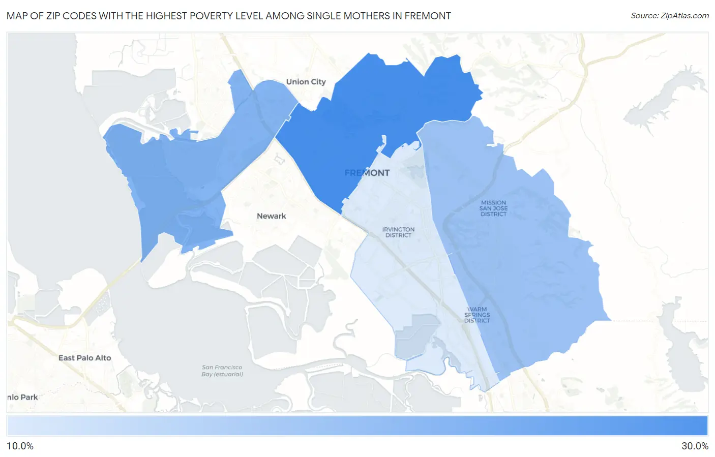 Zip Codes with the Highest Poverty Level Among Single Mothers in Fremont Map