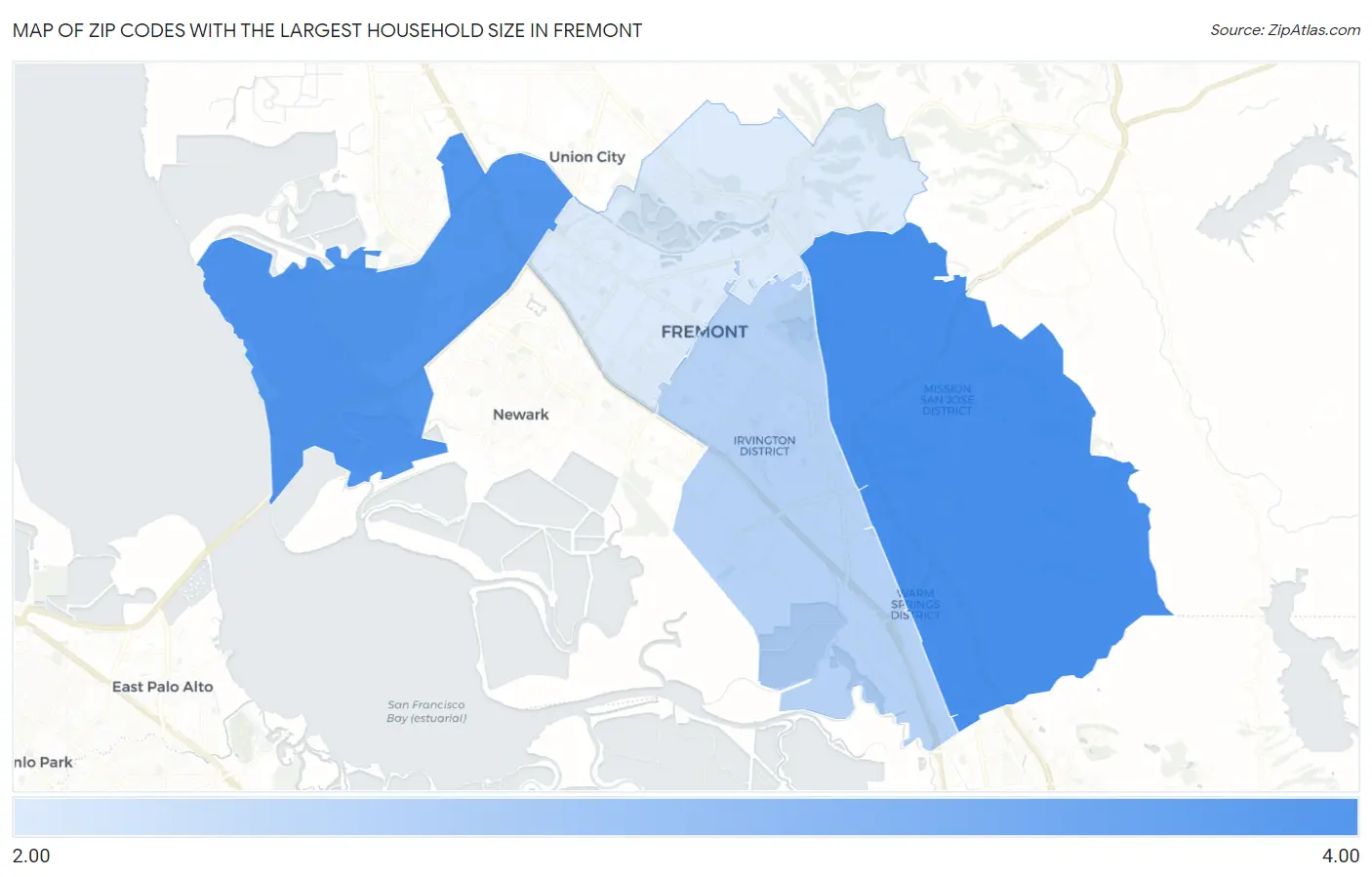 Zip Codes with the Largest Household Size in Fremont Map