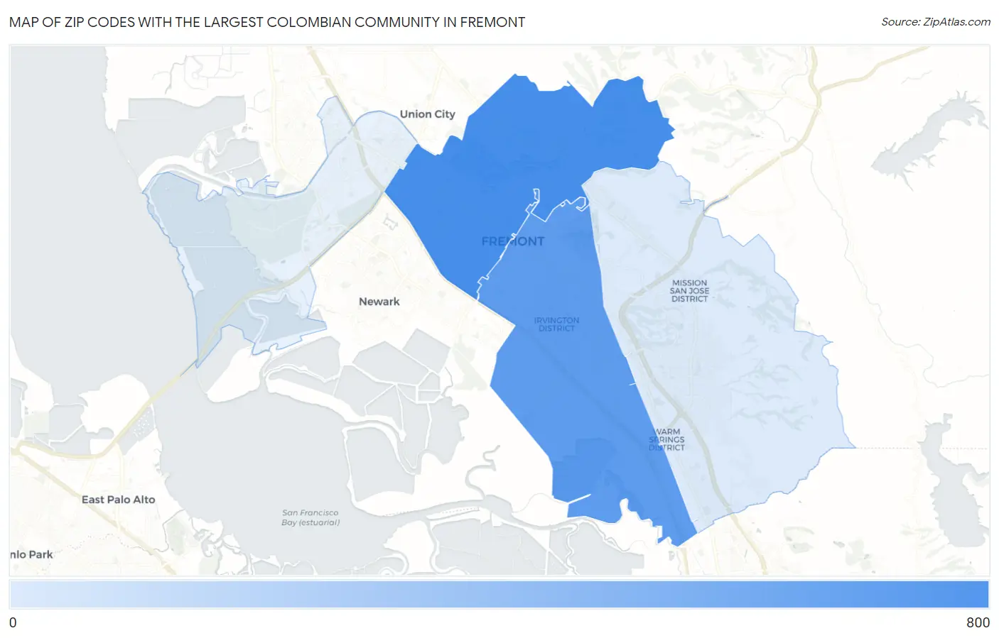 Zip Codes with the Largest Colombian Community in Fremont Map
