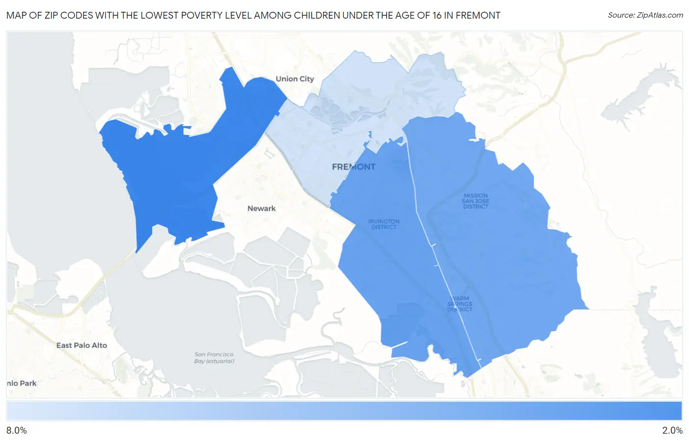 Zip Codes with the Lowest Poverty Level Among Children Under the Age of 16 in Fremont Map