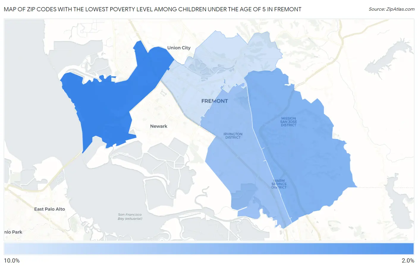 Zip Codes with the Lowest Poverty Level Among Children Under the Age of 5 in Fremont Map
