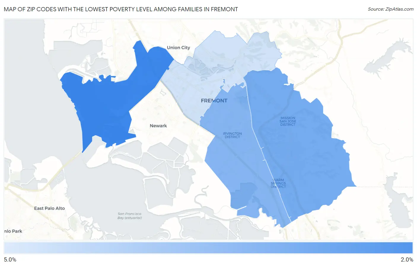 Zip Codes with the Lowest Poverty Level Among Families in Fremont Map