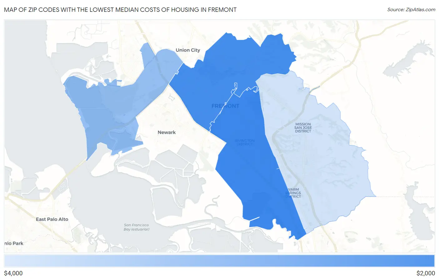 Zip Codes with the Lowest Median Costs of Housing in Fremont Map