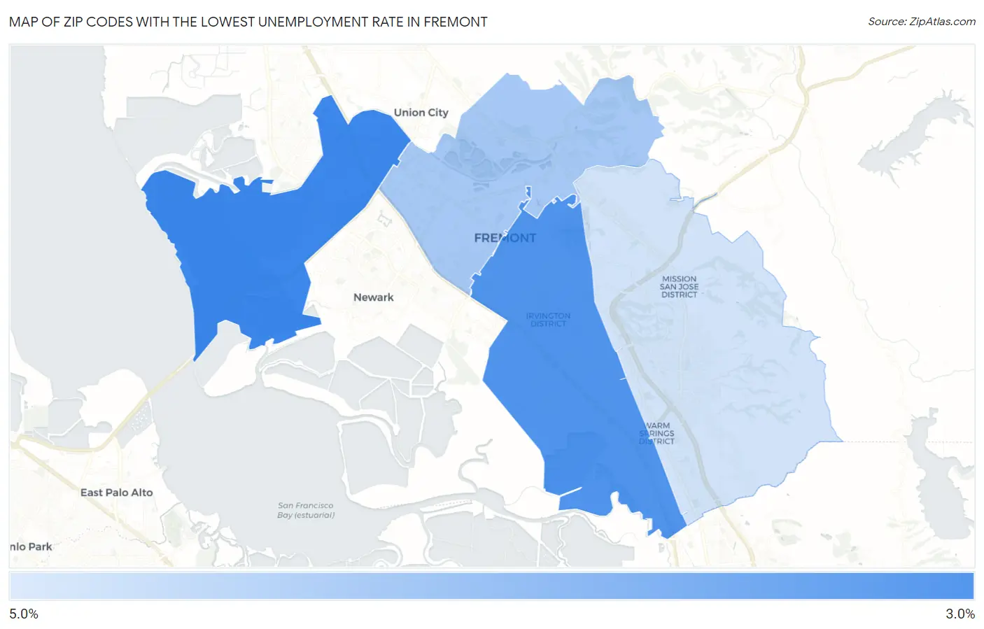 Zip Codes with the Lowest Unemployment Rate in Fremont Map