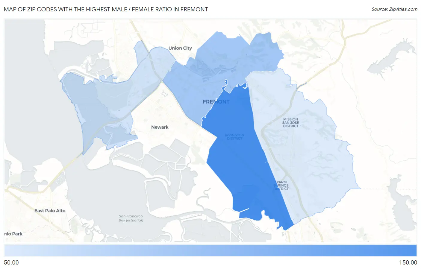 Zip Codes with the Highest Male / Female Ratio in Fremont Map