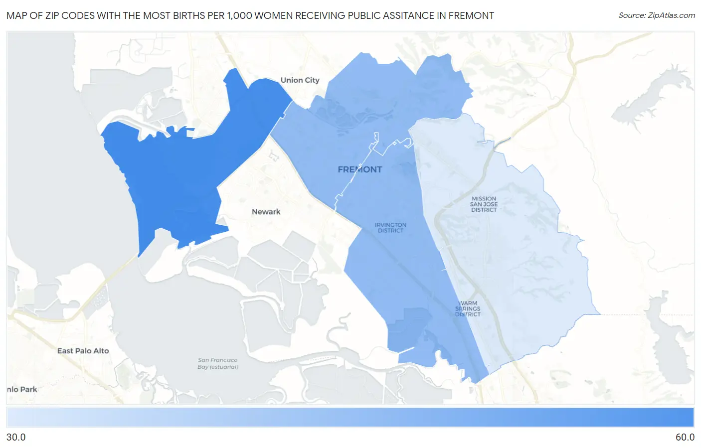 Zip Codes with the Most Births per 1,000 Women Receiving Public Assitance in Fremont Map
