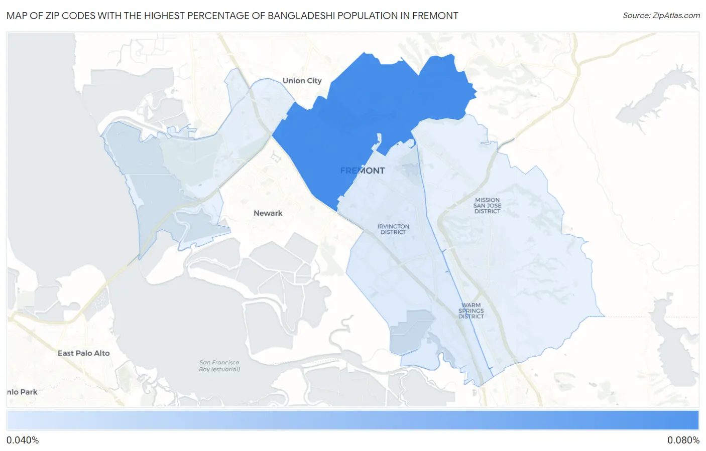 Zip Codes with the Highest Percentage of Bangladeshi Population in Fremont Map