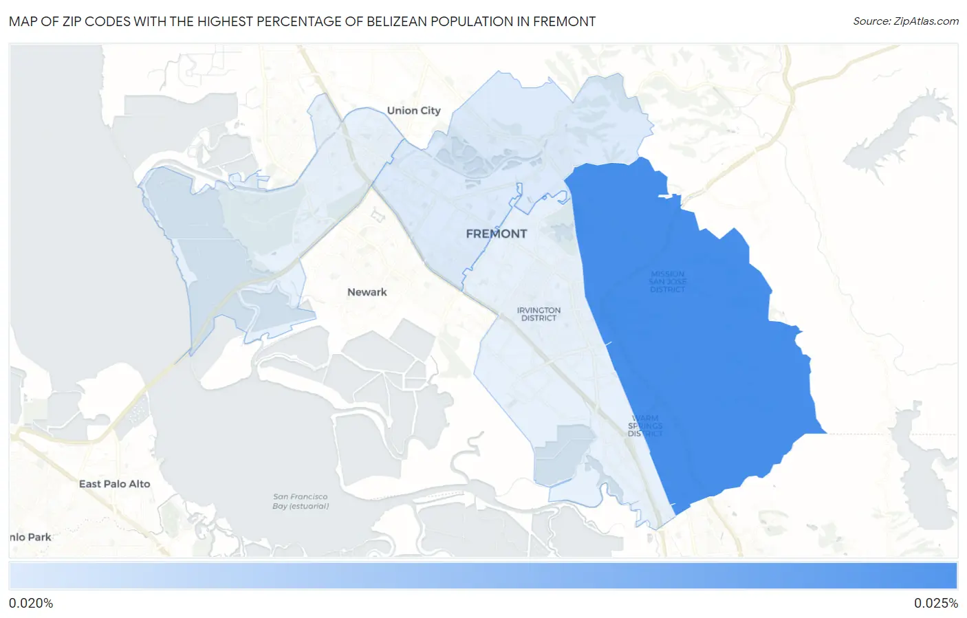 Zip Codes with the Highest Percentage of Belizean Population in Fremont Map