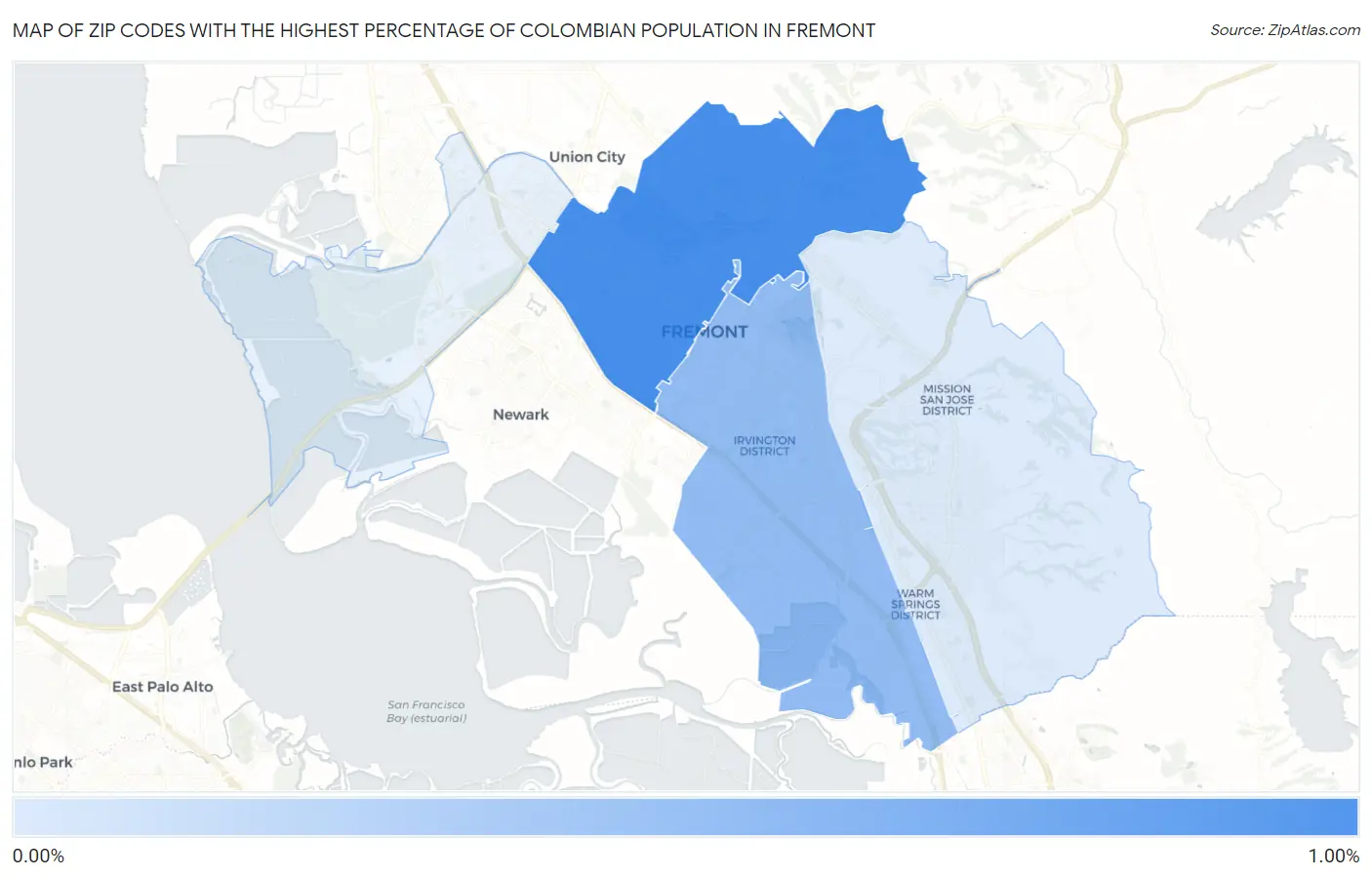 Zip Codes with the Highest Percentage of Colombian Population in Fremont Map