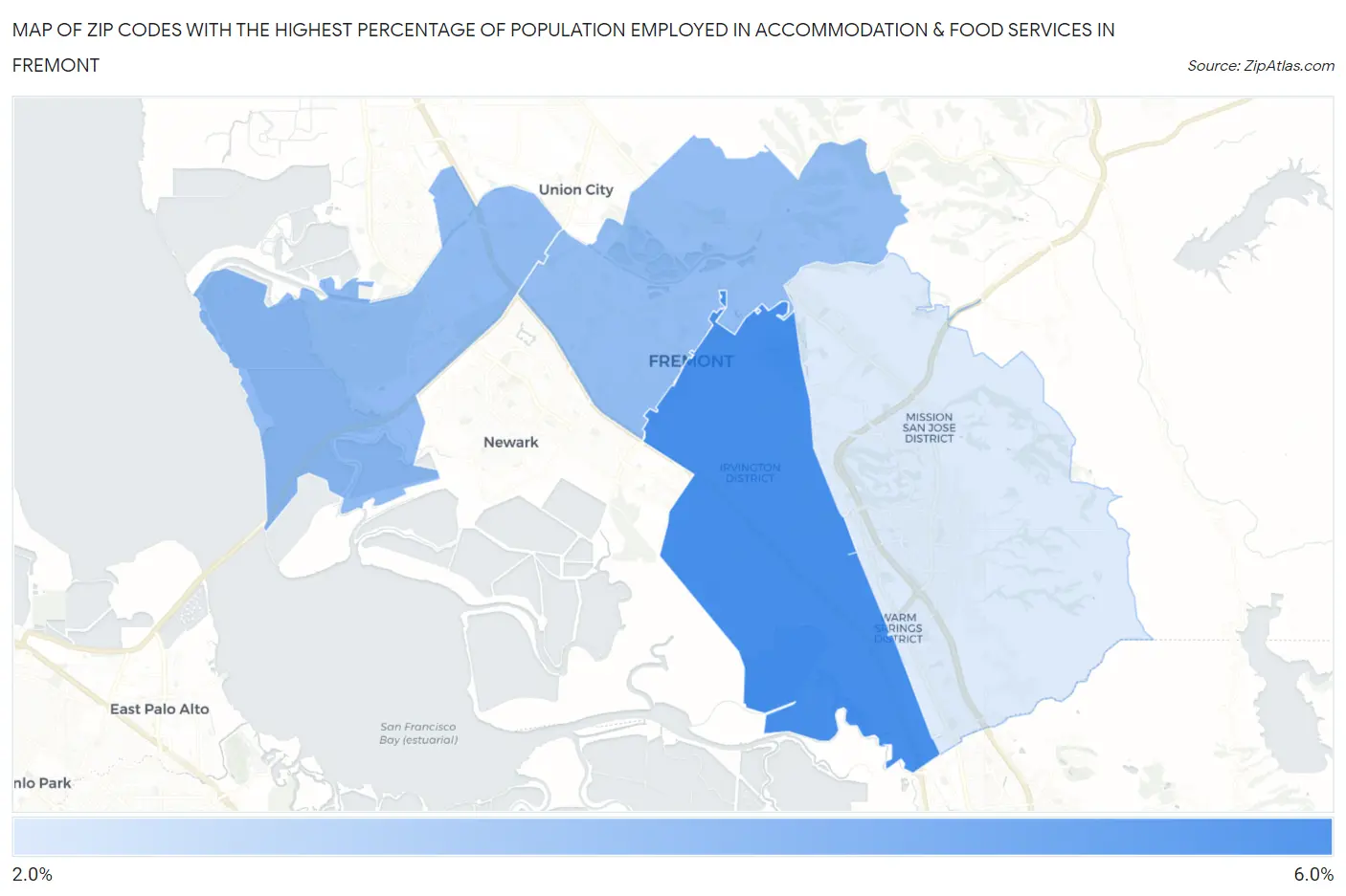 Zip Codes with the Highest Percentage of Population Employed in Accommodation & Food Services in Fremont Map
