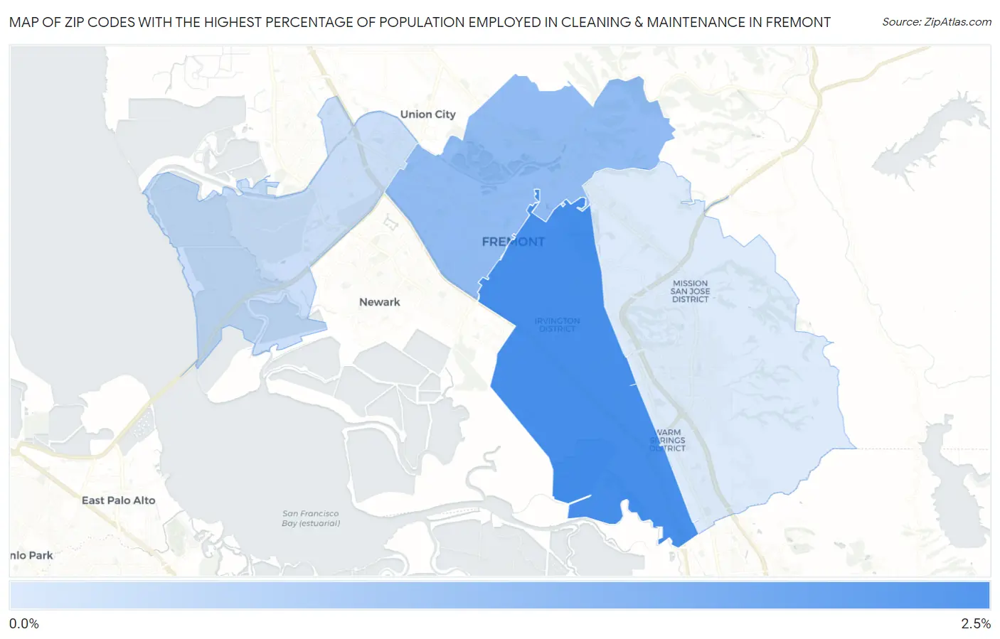 Zip Codes with the Highest Percentage of Population Employed in Cleaning & Maintenance in Fremont Map