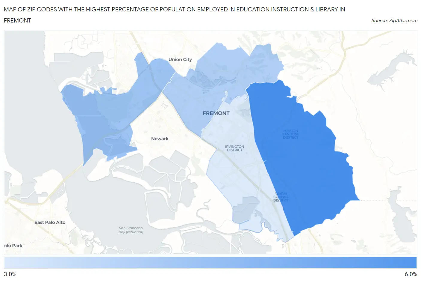 Zip Codes with the Highest Percentage of Population Employed in Education Instruction & Library in Fremont Map