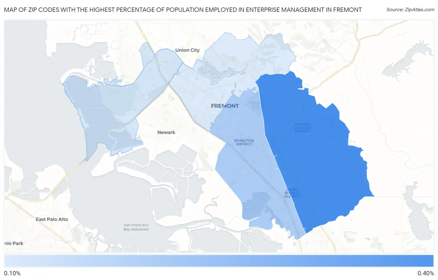 Zip Codes with the Highest Percentage of Population Employed in Enterprise Management in Fremont Map