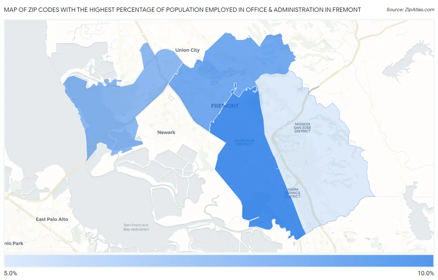 Zip Codes with the Highest Percentage of Population Employed in Office & Administration in Fremont Map